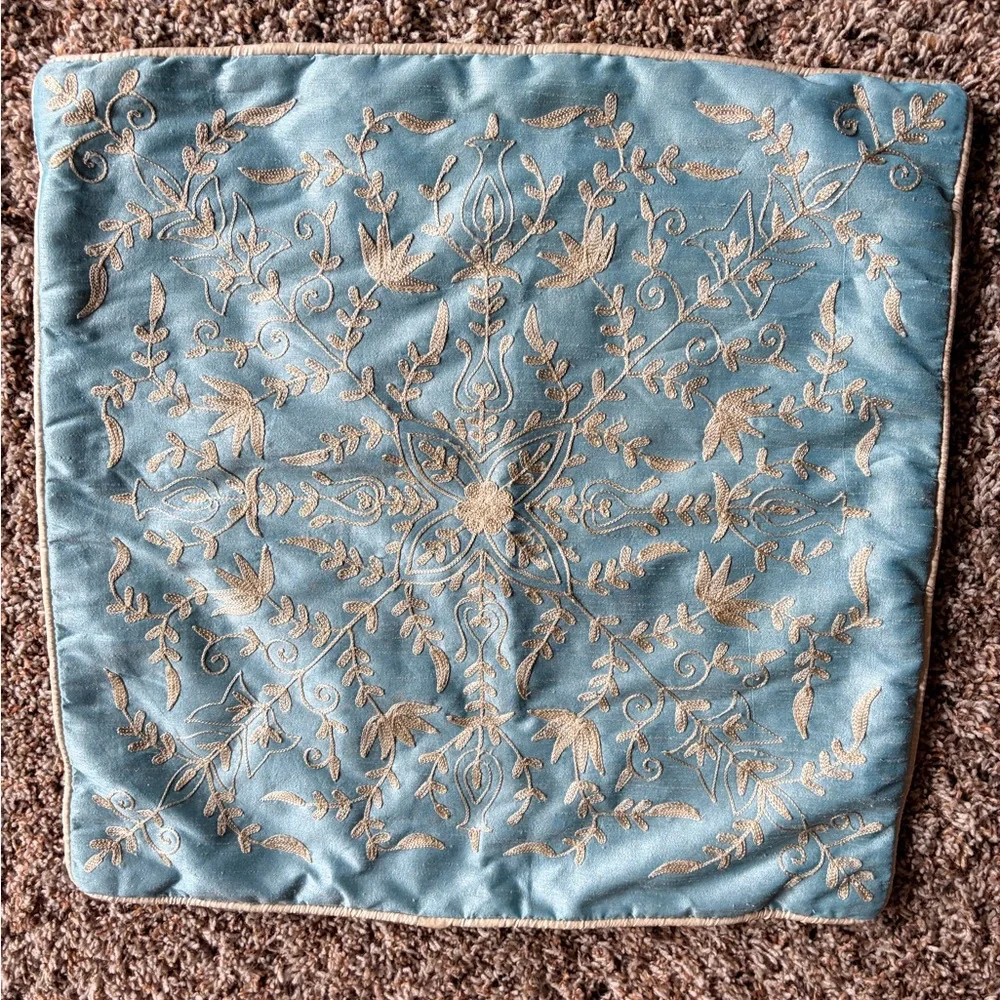Pier 1 Teal Blue Pillow with Light Gold Embroidered Floral Design